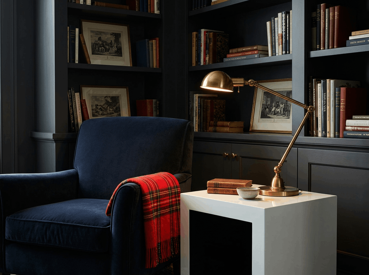 Aesthetic preppy room ideas for a moody palette featuring charcoal walls and red plaid accents.