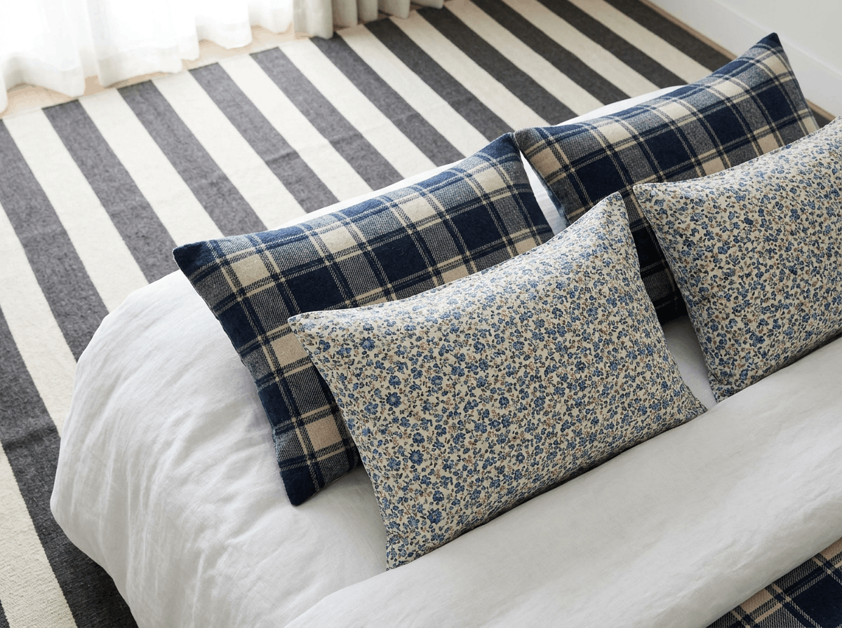 Preppy room decorating ideas showing a mix of stripes, plaid, and floral patterns.