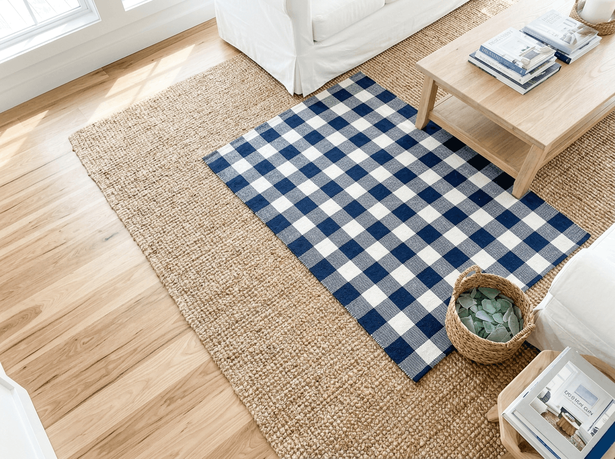 A cute preppy room idea featuring a patterned rug layered over a natural jute rug base.