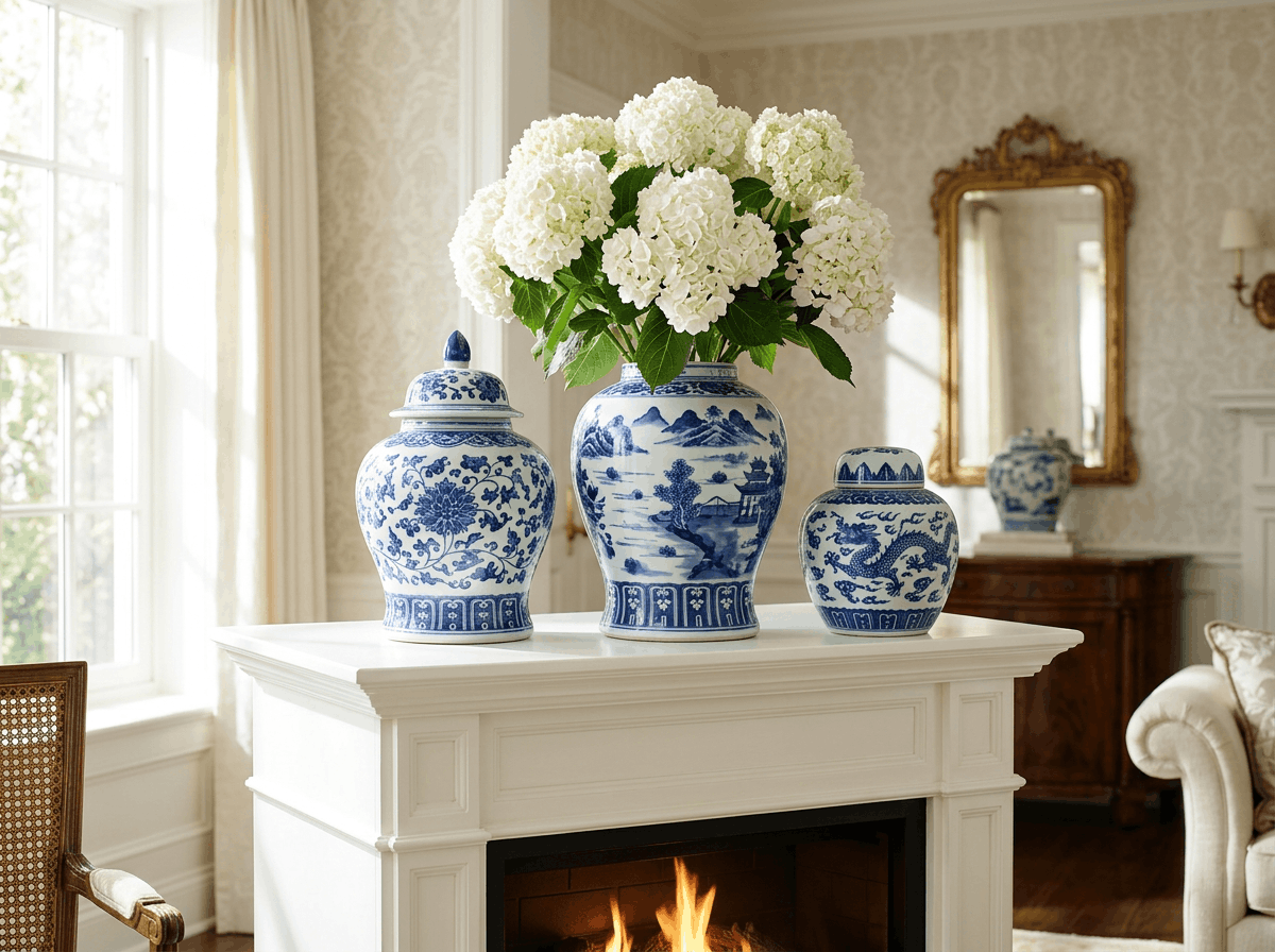 Sophisticated preppy room decor ideas featuring blue and white ginger jars with hydrangeas.
