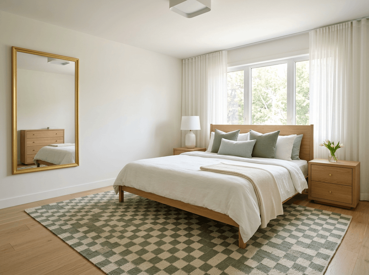 Aesthetic preppy room ideas featuring a sage green checkered rug and gold-framed mirror.