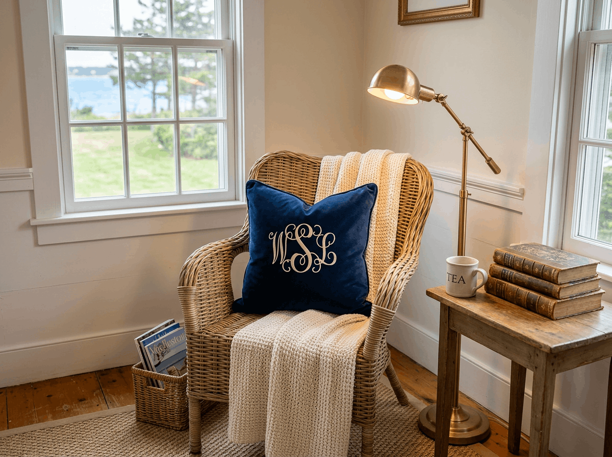 Coastal preppy room decor ideas featuring a wicker chair and navy monogrammed pillow.