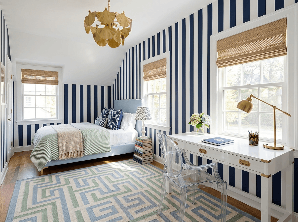 Practical preppy room ideas for a small room using vertical stripes and large-scale rugs.