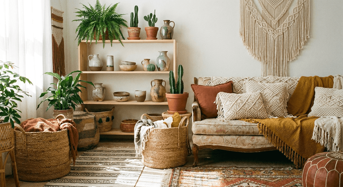 Boho decor with plants, ceramics, woven baskets, and textiles
