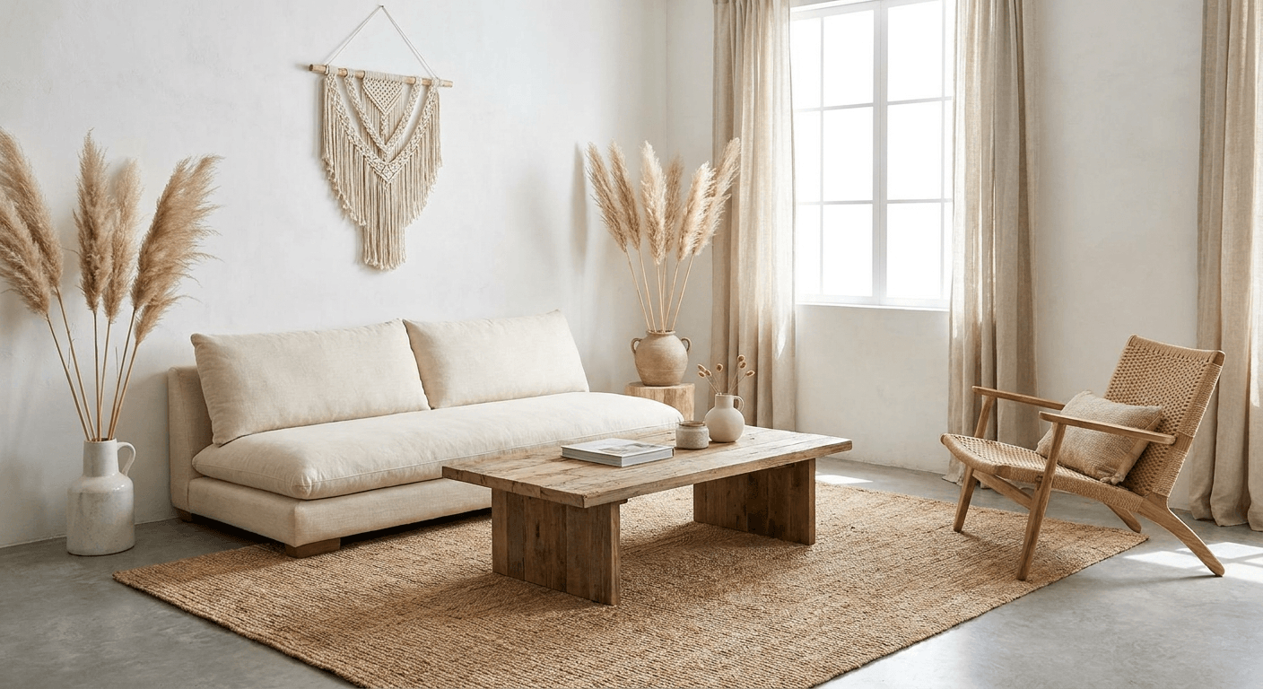 Minimal boho living room with wooden furniture and neutral sofa