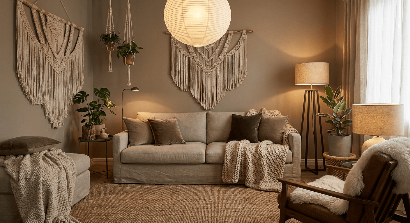 Neutral modern boho interior with layered textures and soft lighting