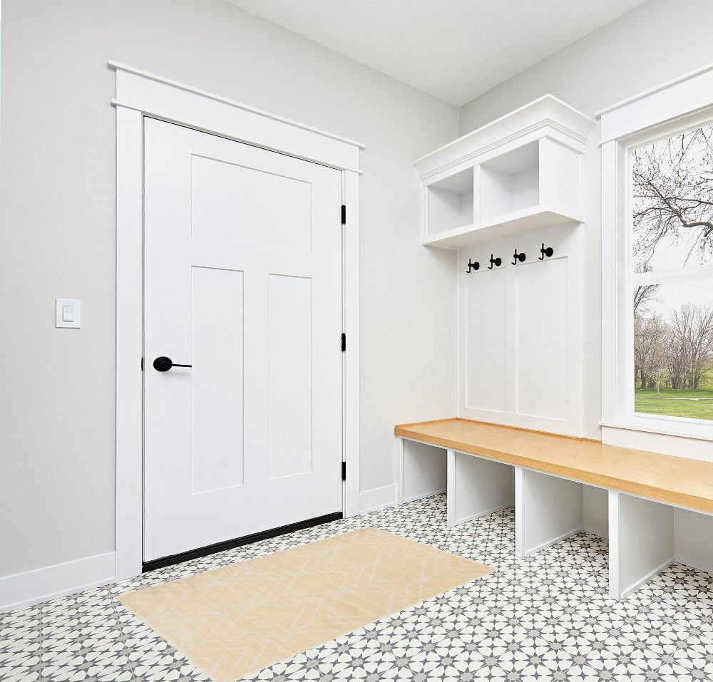 Front porch rugs ideas in White Modern Entryway