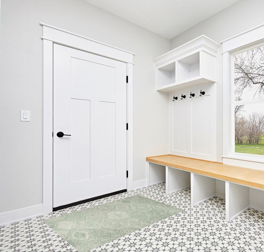 Front porch rugs ideas in White Modern Entryway