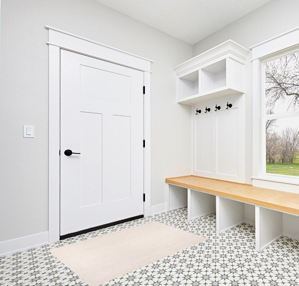 Entryway rug ideas in White Modern Entryway