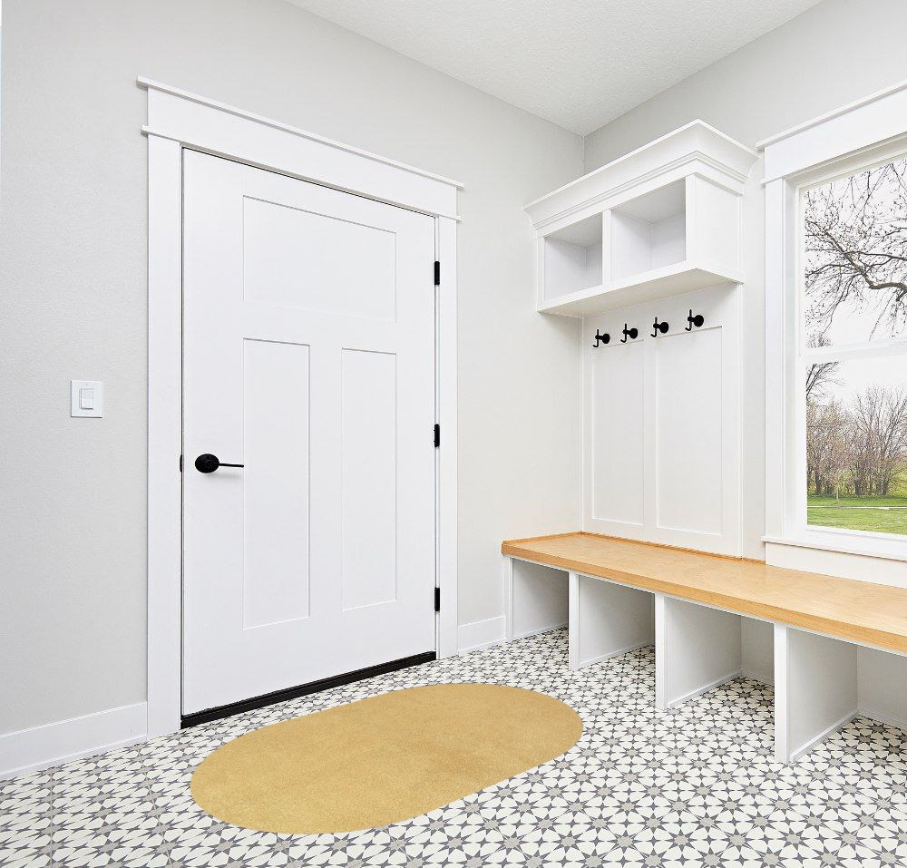 Front porch rugs ideas in White Modern Entryway