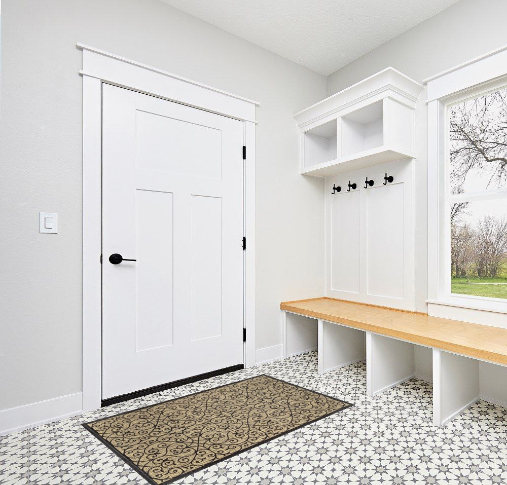 Front porch rugs ideas in White Modern Entryway