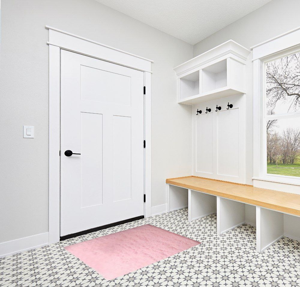 Front porch rugs ideas in White Modern Entryway