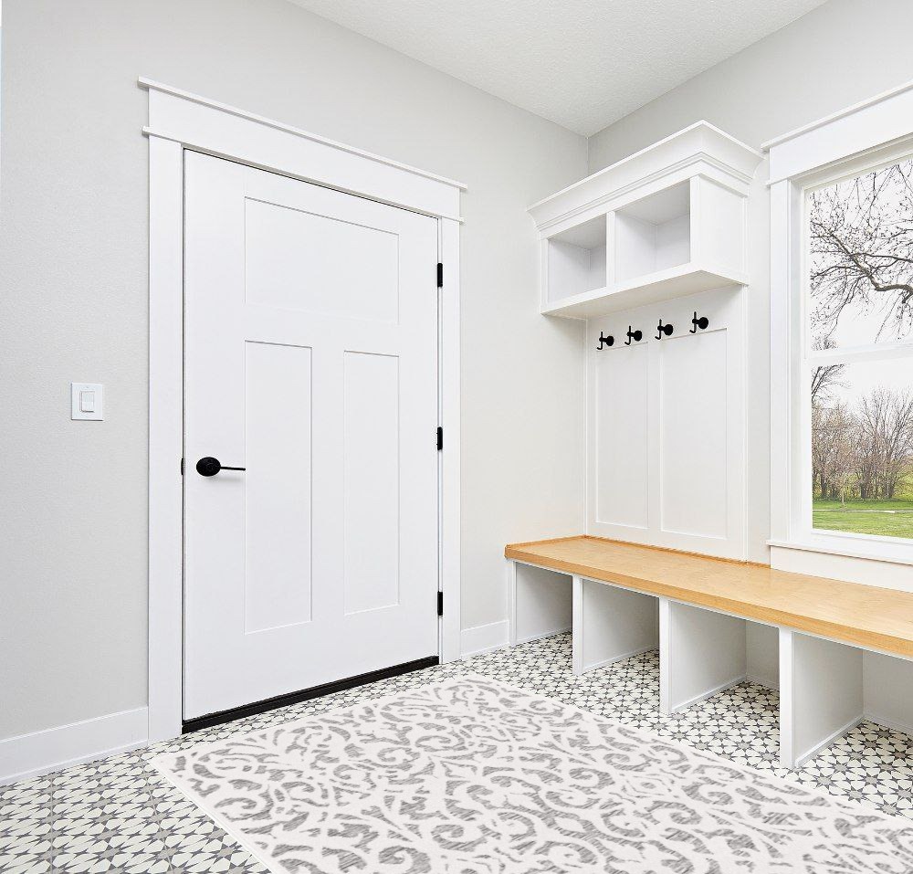 Orian Rugs 5x8, White and Grey Rug in White Modern Entryway Room