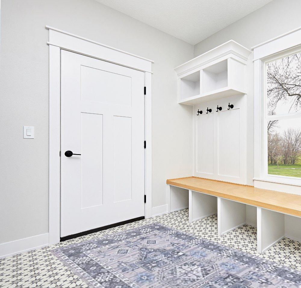 Boho rug ideas in White Modern Entryway