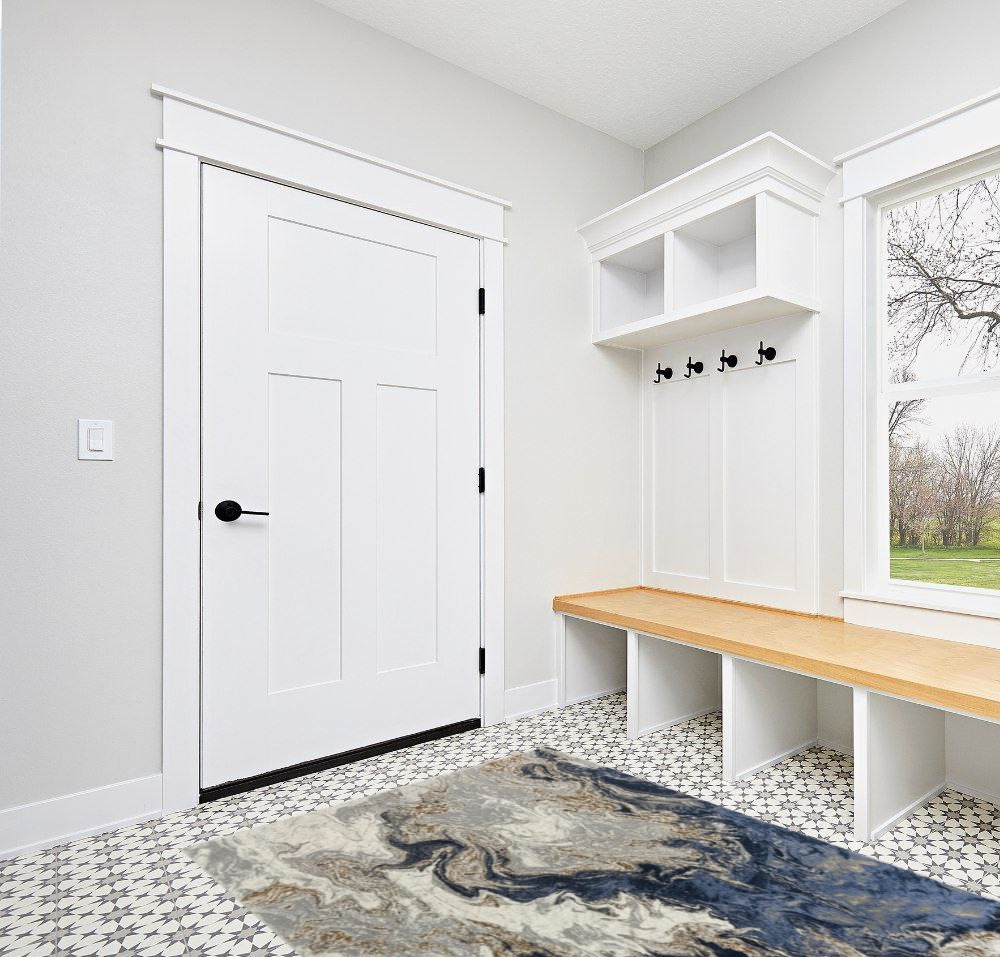 Blue rug ideas in White Modern Entryway