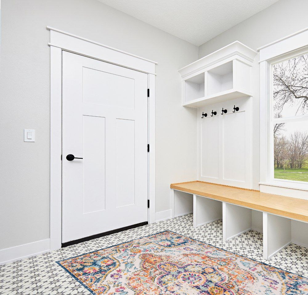 Bohemian Stain Resistant, Non Slip Area Rug in White Modern Entryway