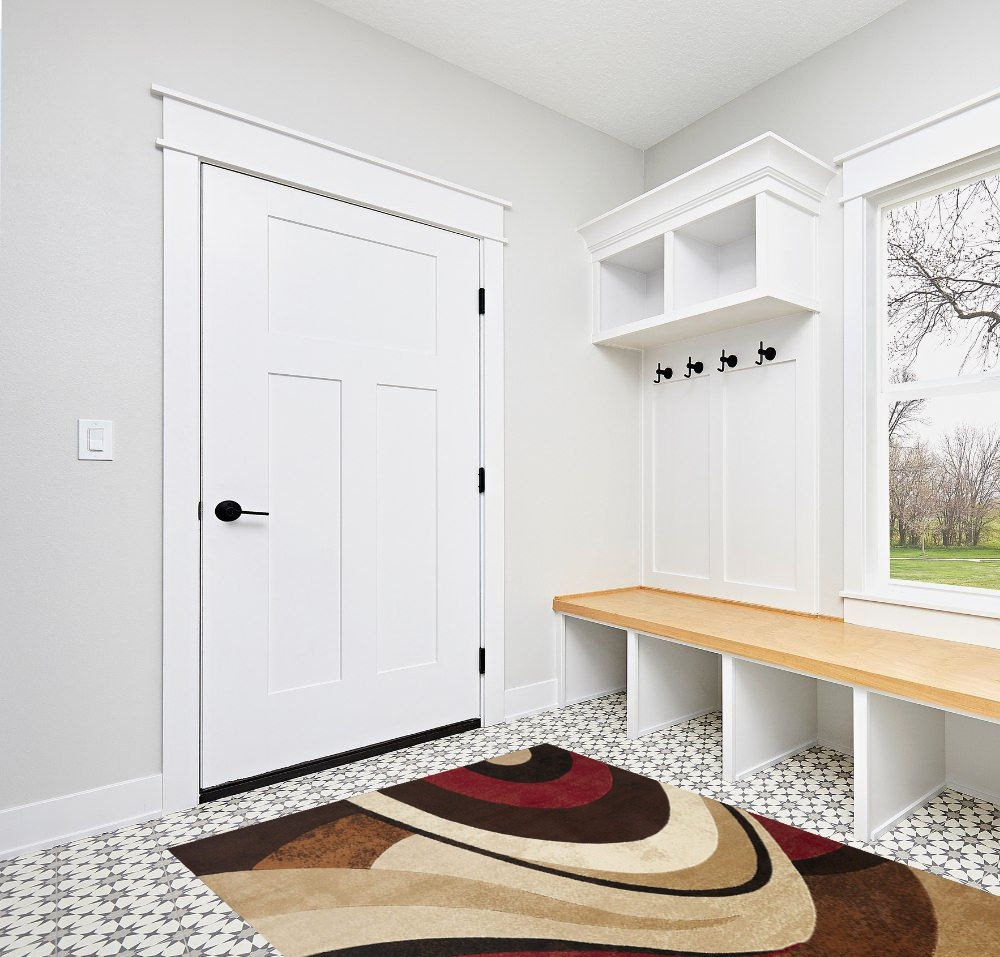 Brown/Red Contemporary Fade Resistant, Stain Resistant Bedroom, Living Room, Dining Room, Nursery Room Area Rug in White Modern Entryway