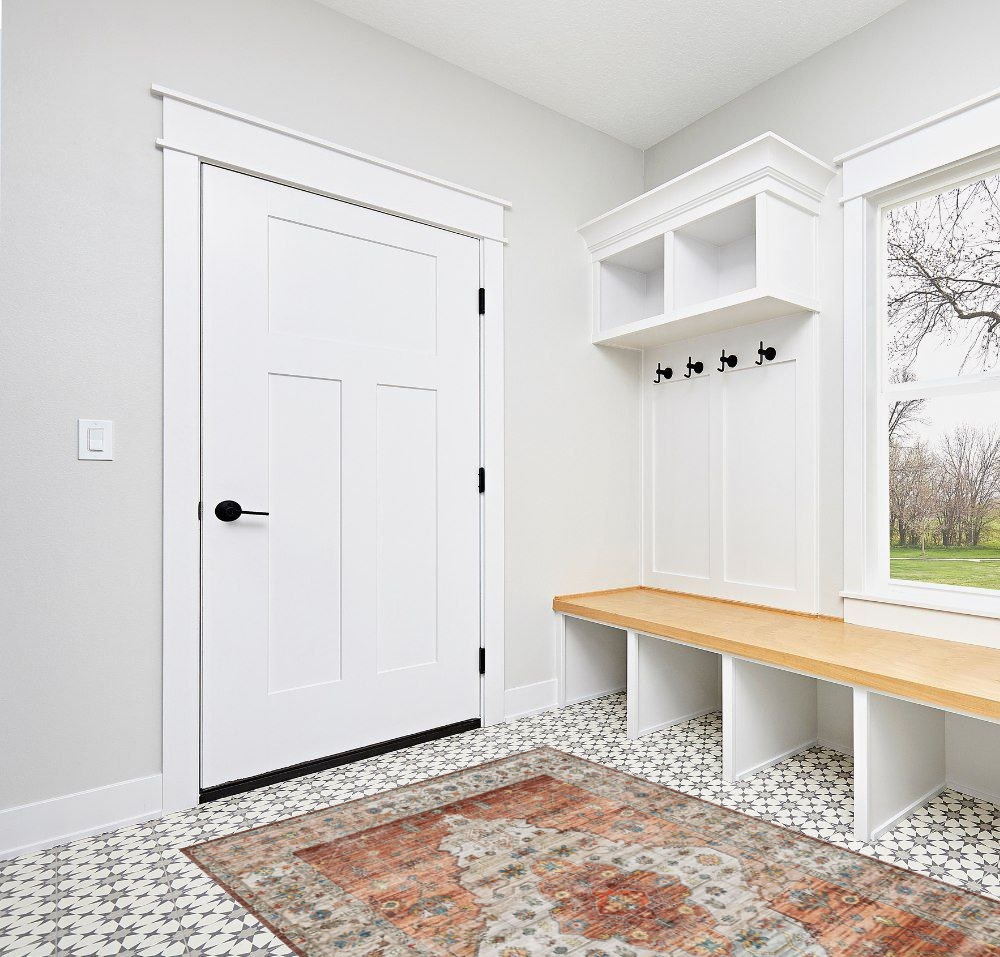 IKALIFE Ultra-Thin Washable Vintage Area Rug 5'x 7' for Living Room, Low-Pile Area Rugs Non-Shed Non Slip, Unique Chenille Printed Home Decor, Perfect for Bedroom Dining Room Kitchen, Orange in White Modern Entryway