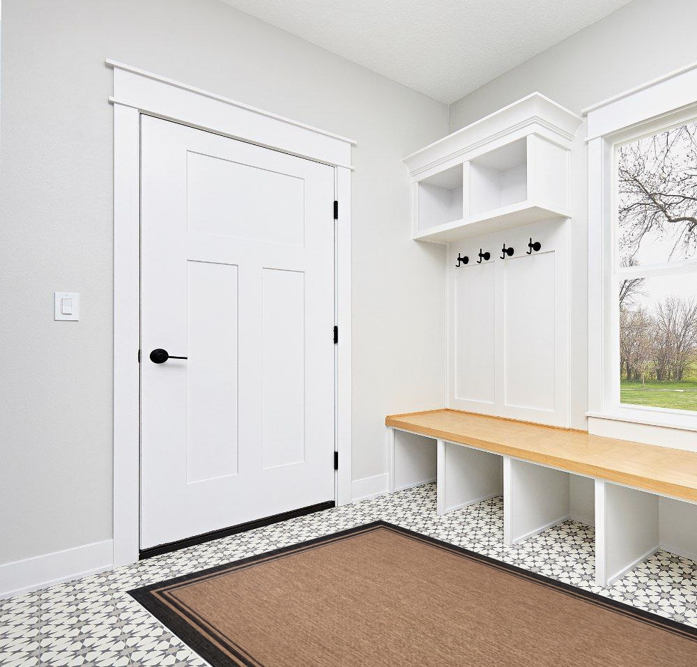 Gertmenian Indoor Outdoor Area Rug, Classic Flatweave, Washable, Stain & UV Resistant Carpet, Deck, Patio, Poolside & Mudroom, 5x7 Ft Standard, Simple Border, Black Tan, 21490 in White Modern Entryway