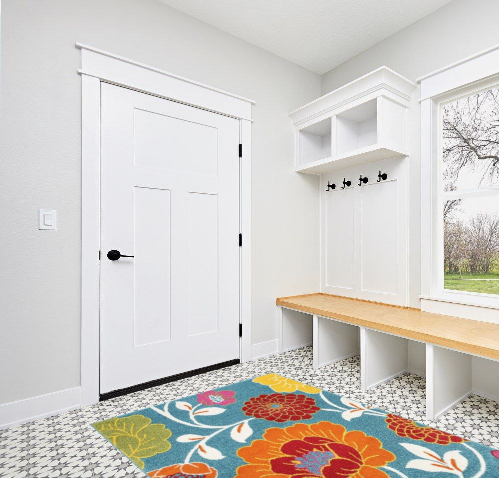 Well Woven StarBright Daisy Flowers Modern Floral Blue 5' x 7' Kids Area Rug in White Modern Entryway