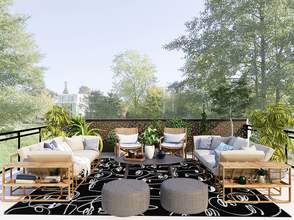 MeganJDesigns 8x10, Black Rug in Scandinavian Modern Patio Room