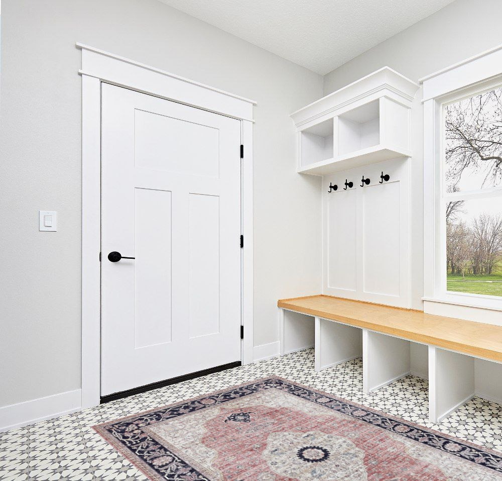 Entryway rug ideas in White Modern Entryway