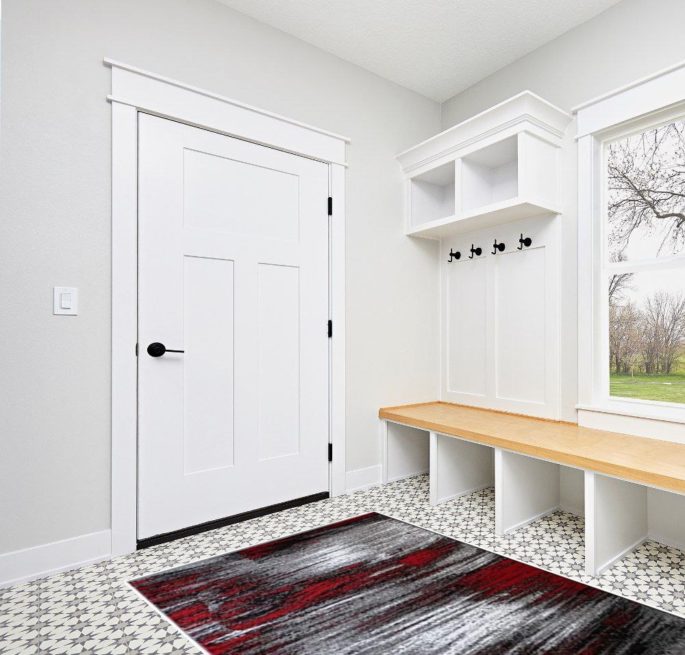 Modern Rugs for Living Room Abstract Soft Plush Red Grey Black Area Rug (5’ 3” X 7’ 5”) in White Modern Entryway
