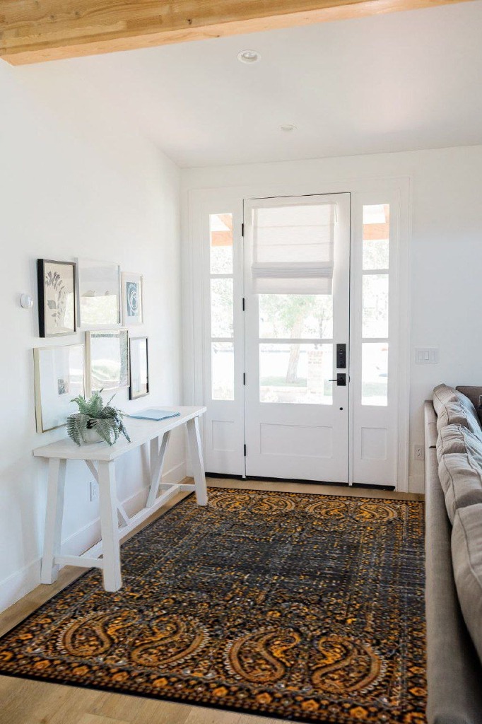 Unique Loom Imperial Collection Paisley, Distressed, Border, Vintage, Modern, Abstract Area Rug, 5 x 8 ft, Black/Orange in White Scandinavian Entryway