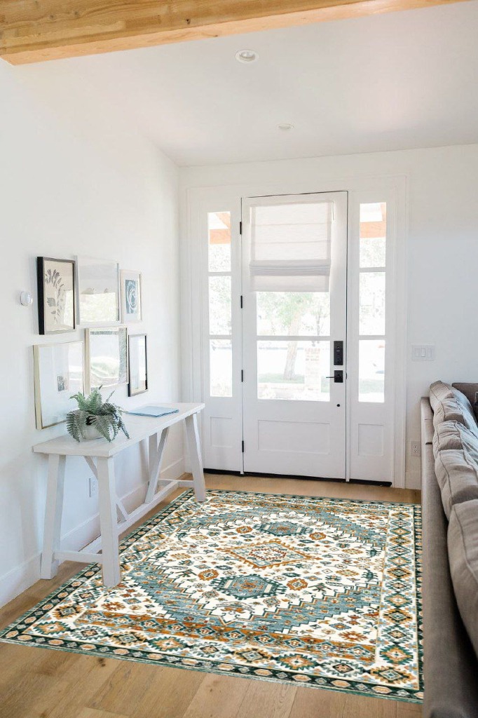 Boho rug ideas in White Scandinavian Entryway