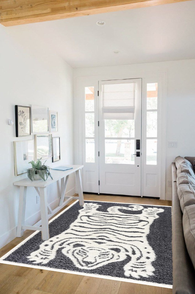 Hauteloom Tilos Moroccan Farmhouse Living Room Bedroom Nursery Shag Area Rug - Shaggy Carpet - Tiger Pattern - High Plush Pile - Dark Grey, Charcoal, Beige, Cream - 5'3" x 7' in White Scandinavian Entryway