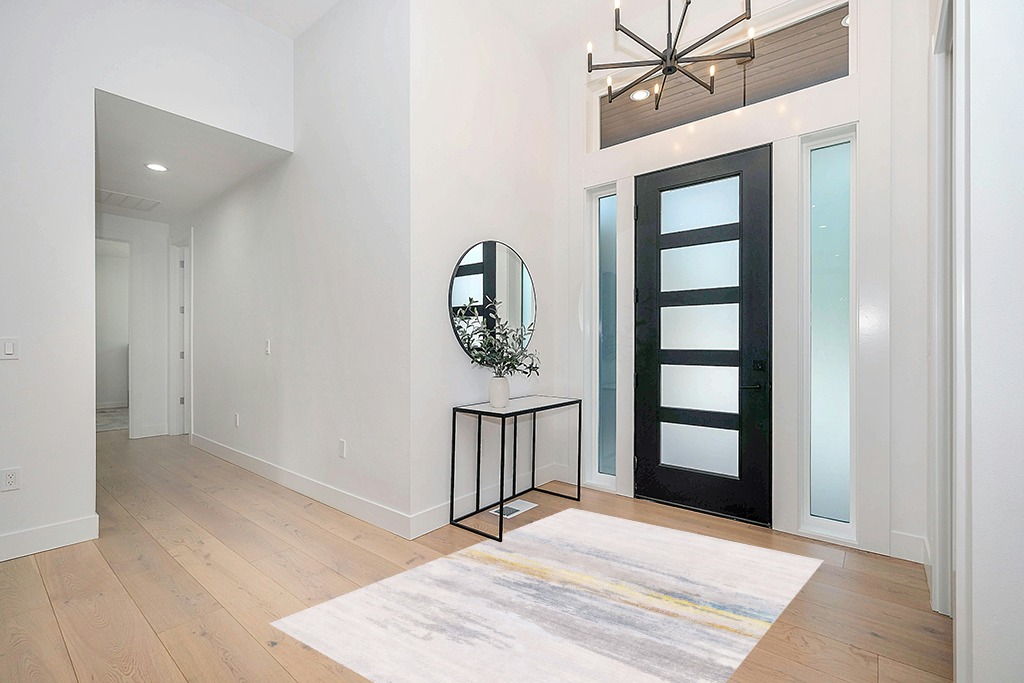 FINOREN Abstract Vignetting Area Rugs for Living Room,Bedroom,Hallway,Dining Room,Non-Shedding,Non Slip Backing,Floor Decoration Carpets,Gray-Golden,5x7 Feet in Modern White Entryway