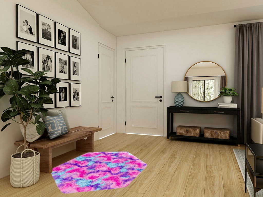 junovo Ultra Soft Hexagon Rug Fluffy Rainbow Nursery Rug for Princess Tent Kids Play Castle, Furry Hexagonal Carpet for Kids Girls Room Playhouse Classroom Dorm Home Decor, 4.6ft Tie-Dye Hot-Pink in Transitional Minimalistic Entryway