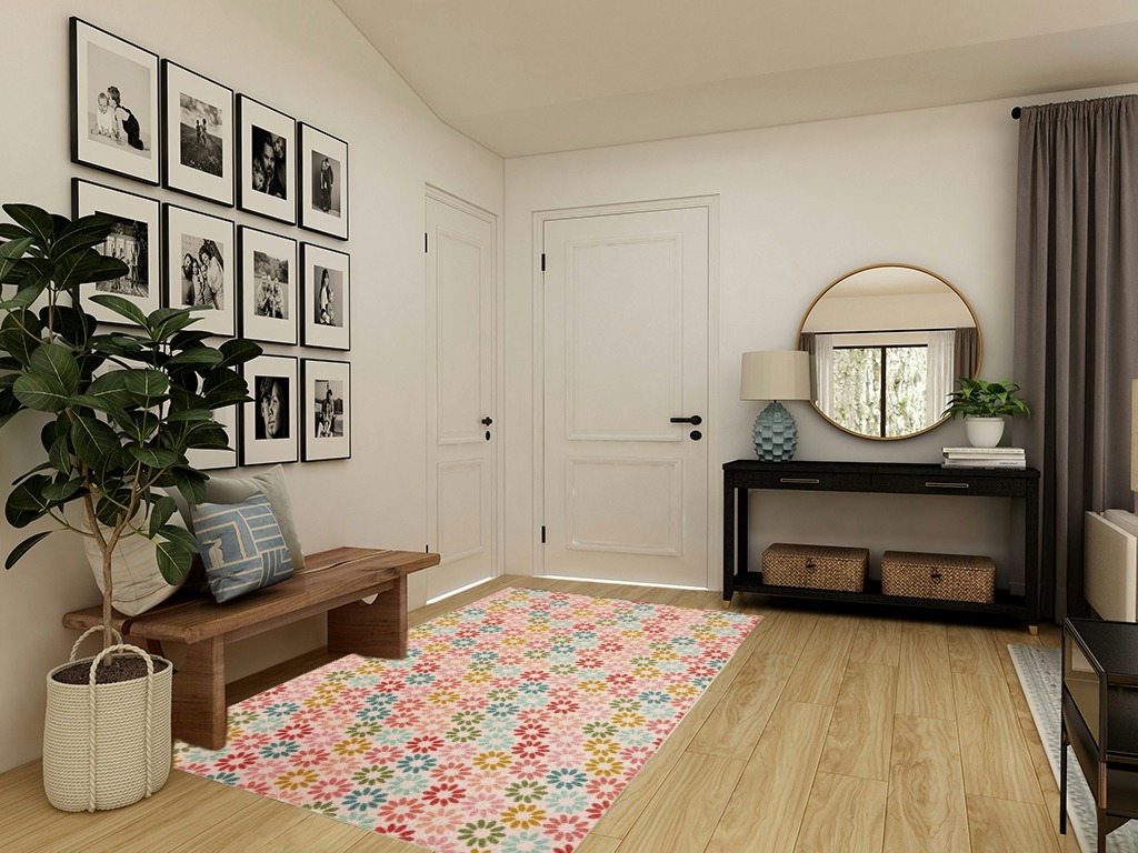 Mohawk Home 5x8, Pink and Multicolor Rug in White Modern Entryway Room