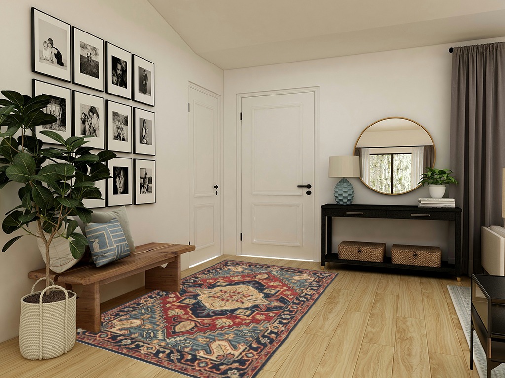 SAFAVIEH Heritage Collection Area Rug - 5' x 8', Red & Navy, Handmade Traditional Oriental Wool, Ideal for High Traffic Areas in Living Room, Bedroom (HG920Q) in Transitional Minimalistic Entryway