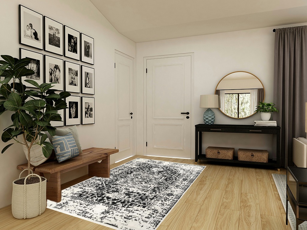 nuLOOM Jordana Vintage Distressed Medallion Area Rug, 5x8, Black and White in Transitional Minimalistic Entryway