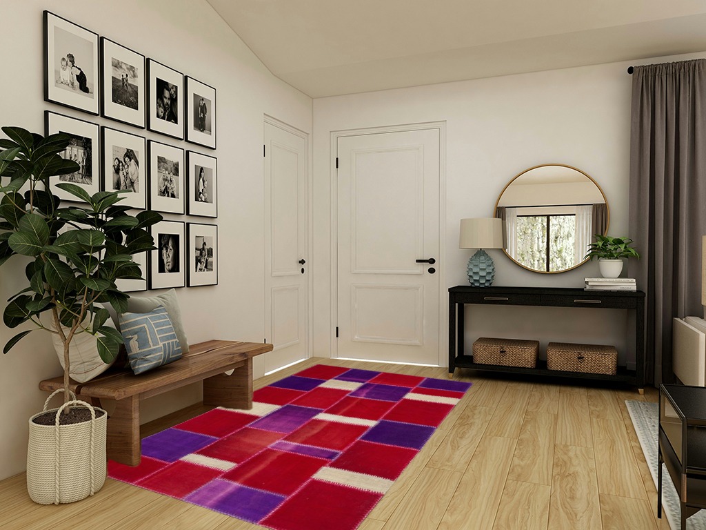 BESPOKY 5'3" x 7'7" (160x230 Cm) Teselya Pink Patchwork Wool Handmade Area Rug in Transitional Minimalistic Entryway