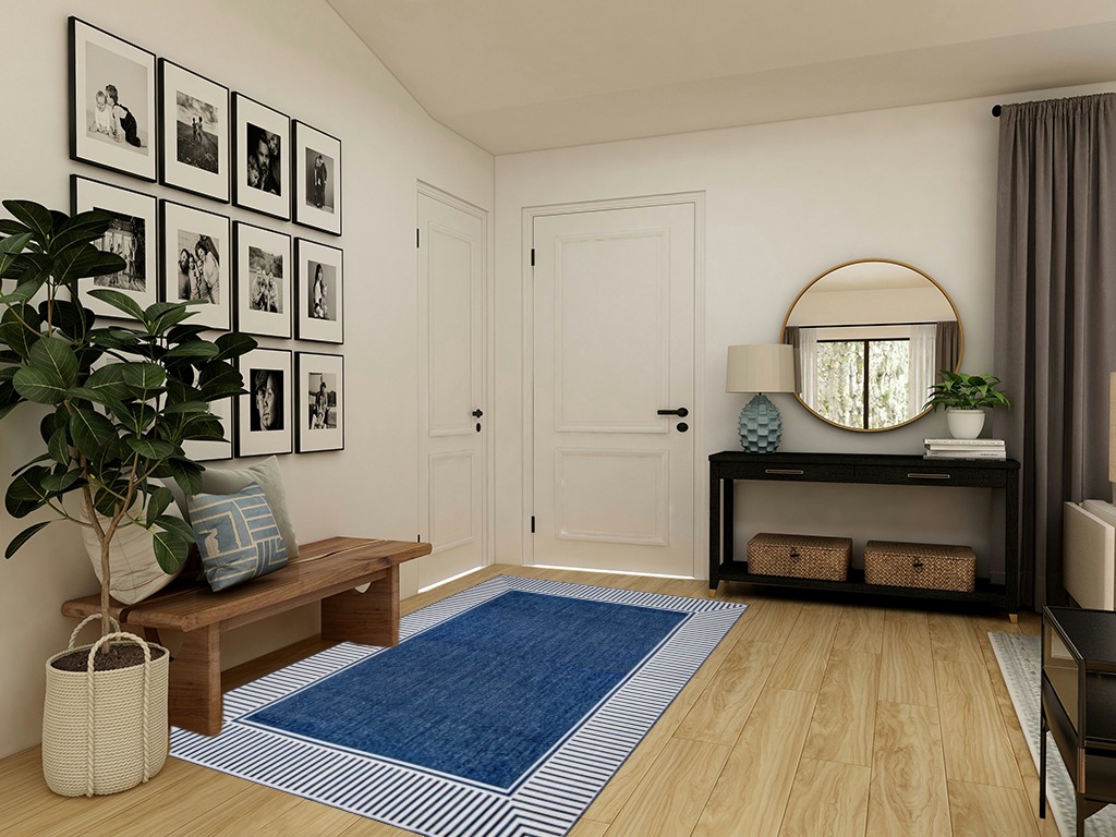 nuLOOM 5' x 8' Outdoor Area Rug, Casual Design With Striped Border, Stain Resistant, Highly Durable, For Patio, Balcony, Bedroom, Living Room, Dining Room, Bathroom, Navy in Transitional Minimalistic Entryway