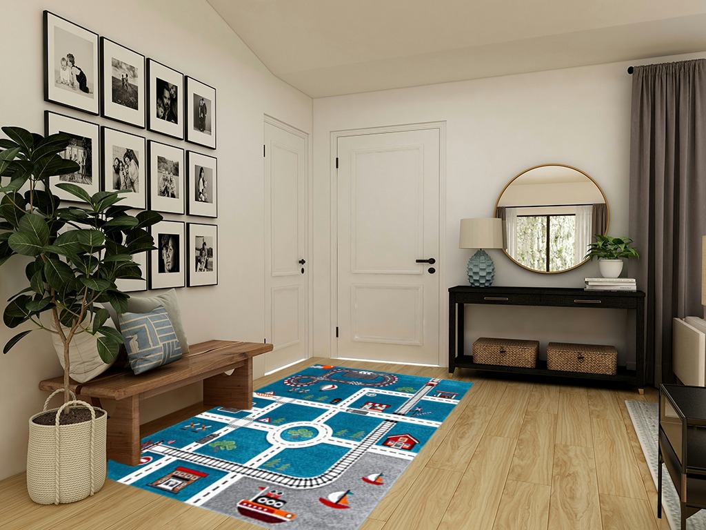 SAFAVIEH Carousel Kids Collection Area Rug - 5'3" x 7'6", Turquoise & Ivory, Non-Shedding & Easy Care, Ideal for High Traffic Areas for Boys & Girls in Playroom, Nursery, Bedroom (CRK192K) in Transitional Minimalistic Entryway