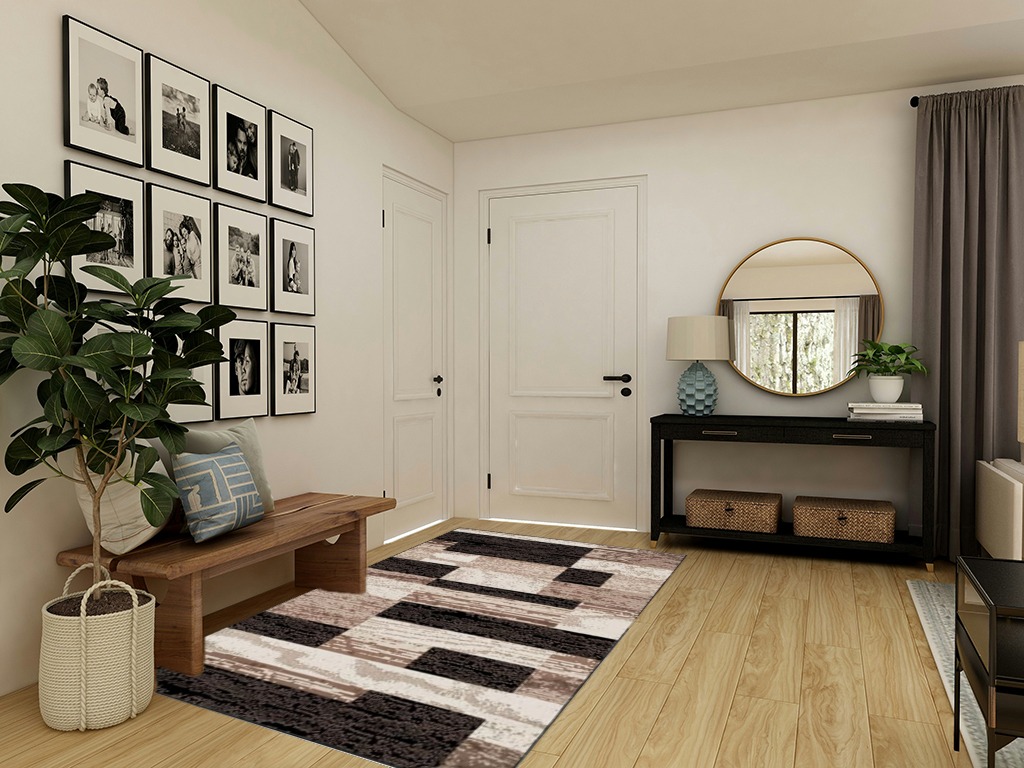 SUPERIOR Indoor Area Rug, Jute Backed, Modern Geometric Patchwork Floor Decor for Bedroom, Office, Living Room, Entryway, Hardwood Floors, Rockwood Collection, 5' x 8', Chocolate in Transitional Minimalistic Entryway