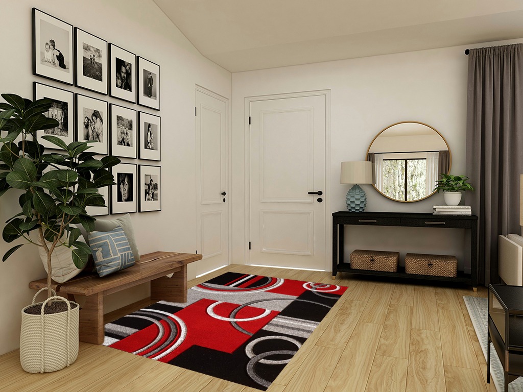 Red Modern Stain-resistant Living Room Area Rug in Transitional Minimalistic Entryway