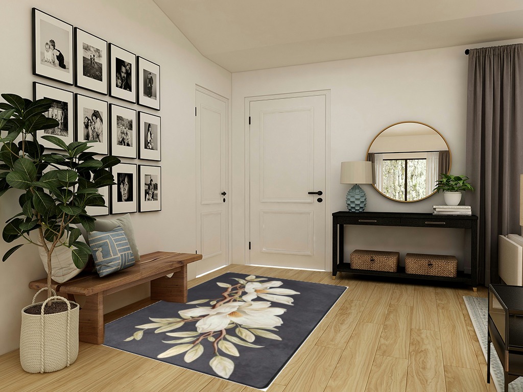 DNOVING Large Non-Slip Area Rug 5x7ft Decorative Fluffy Rug for Living Room, Bedroom, Office, Dining Room Rubber Backed, Stylized White Magnolia Design in Transitional Minimalistic Entryway