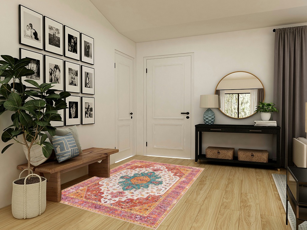 Moynesa Ultra-Thin Washable Vintage Area Rug - 5x7 Large Bedroom Boho Non-Slip Non-Shedding Living Room Mat Oriental Medallion Floor Carpet for Kids Nursery Room Office, Pink/Teal/Multi in Transitional Minimalistic Entryway