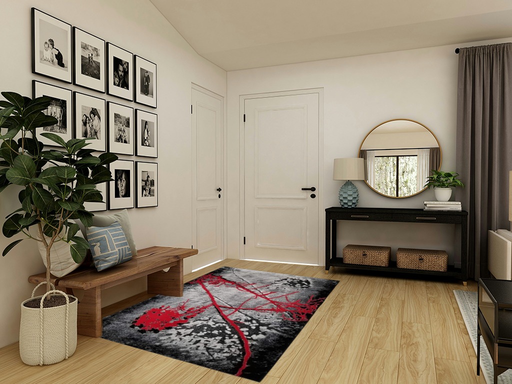 HT Design Rectangular Area Rug for Living Room, Abstract Black/Red 5x7 Modern Rugs, Easy to Clean, Pet Friendly Indoor Carpet for Living Room in Transitional Minimalistic Entryway