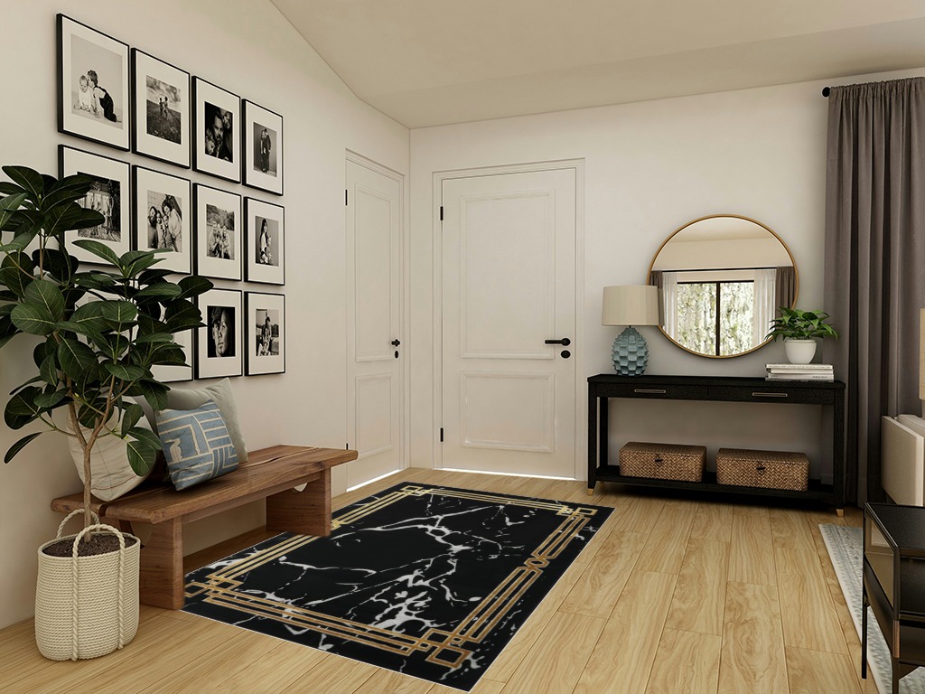 Antep Rugs Babil Gold 5x7 Abstract Marble Geometric Indoor Area Rug (Black, 5'3" x 7') in Transitional Minimalistic Entryway