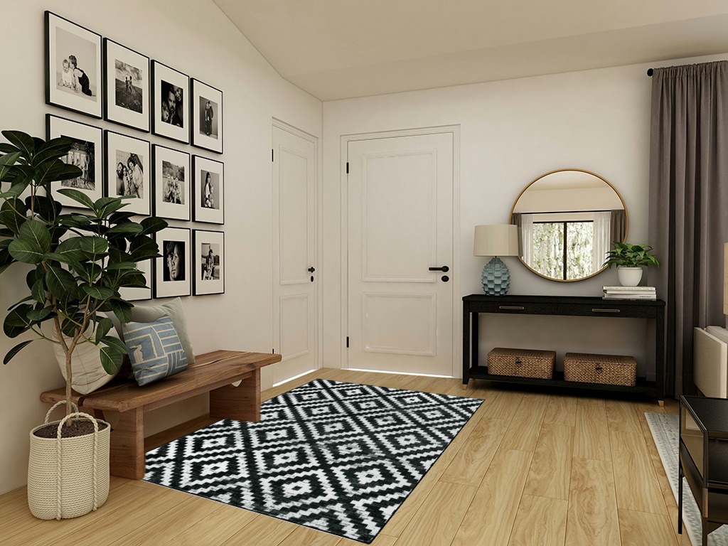 Lahome Moroccan Area Rug 5x7 Washable Rug Soft Non Slip Non Shedding Low Pile Printed Geometric Trellis Rugs for Indoor Bedroom Living Room Dining Room Playroom Carpet, Black and White in Transitional Minimalistic Entryway
