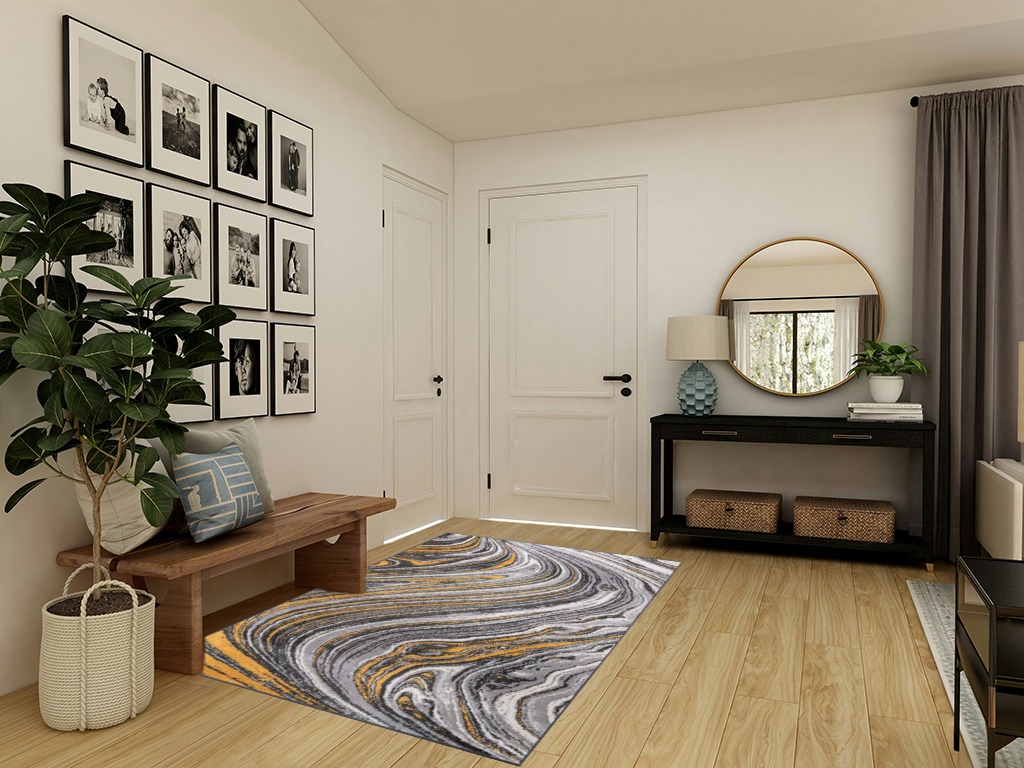Rugshop Contemporary Abstract Swirl Stain Resistant Soft Area Rug 5' x 7' Yellow in Transitional Minimalistic Entryway