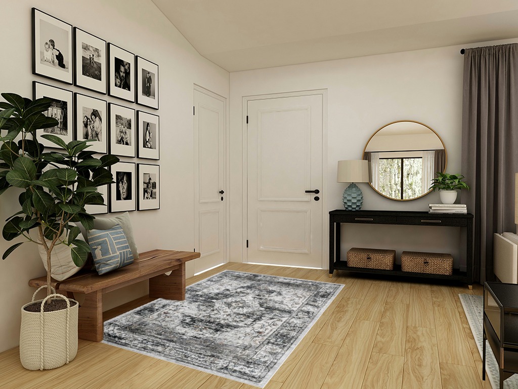 befbee 5x7 Area Rugs, Ultra-Thin Washable Rug with Anti Slip Backing, Stain Resistant Area Rugs for Living Room,Non-Shedding Vintage Print Rug (Grey,5'x7') in Transitional Minimalistic Entryway