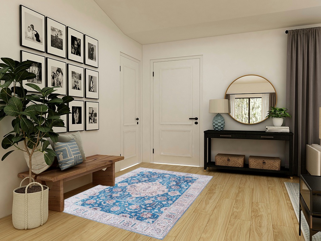 Syalife Washable Rug Vintage Area Rugs, 5'x 7' Living Room Rug with Non Slip Backing, Ultra-Thin Medallion Distressed Non-Shedding Blue Rug, Vintage Floor Mat Indoor Rug in Transitional Minimalistic Entryway