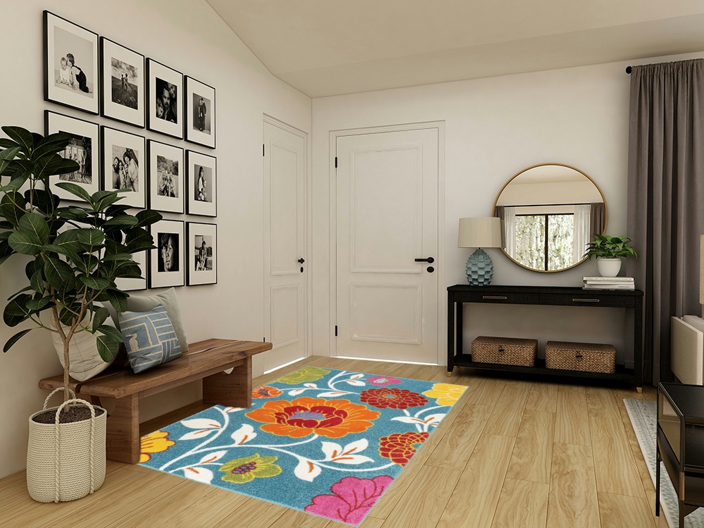 Well Woven StarBright Daisy Flowers Modern Floral Blue 5' x 7' Kids Area Rug in Transitional Minimalistic Entryway