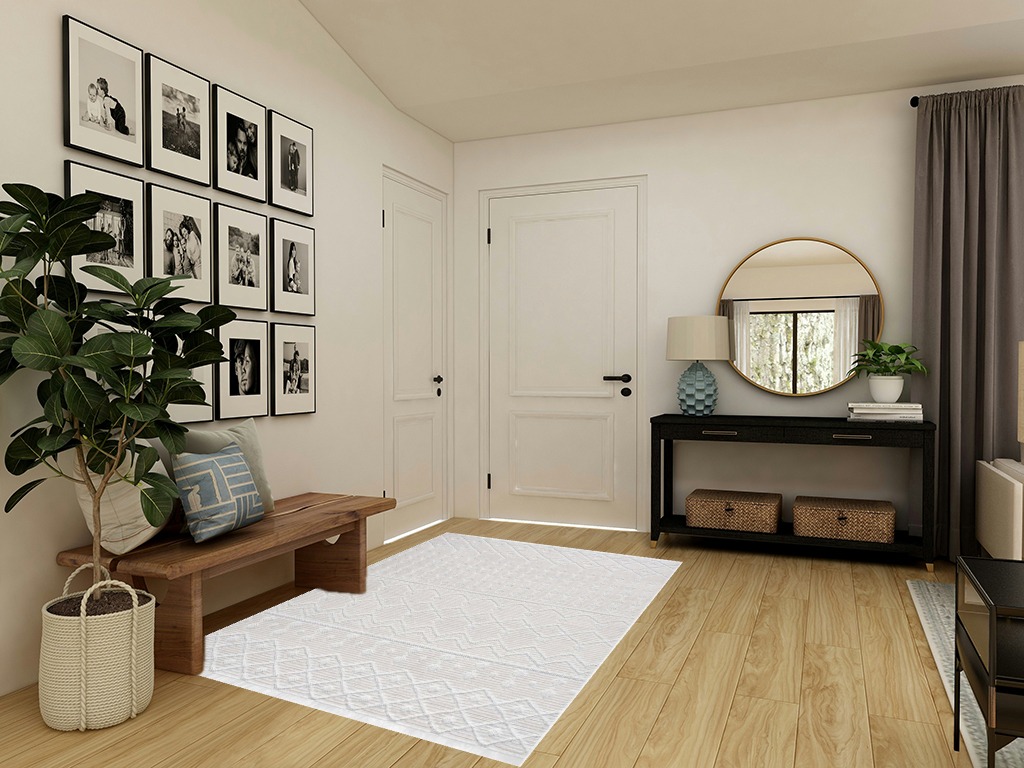 Hauteloom Broadway Collection Living Room Area Rug - Moroccan Trellis Farmhouse - High Low Fringe Carpet - White, Cream - 5'3" x 7'3" in Transitional Minimalistic Entryway